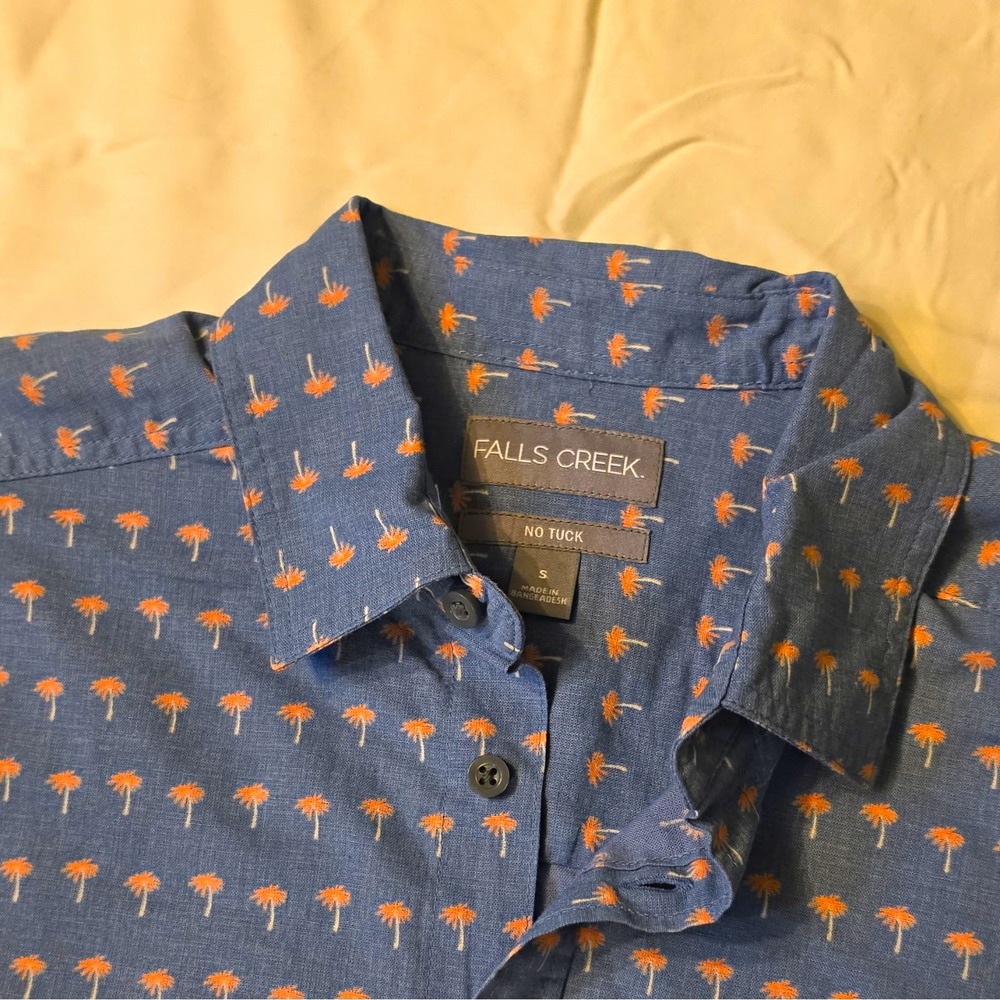 Falls Creek Men's Woven Short Sleeve Button-Up Shirt Palm Tree Blue/Orange S #29
